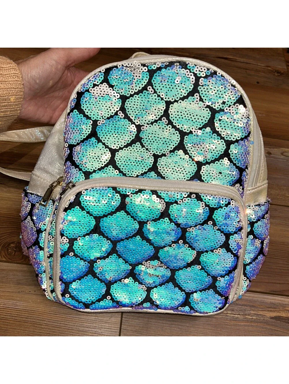 Girls White Sequence And Shimmer Backpack Small